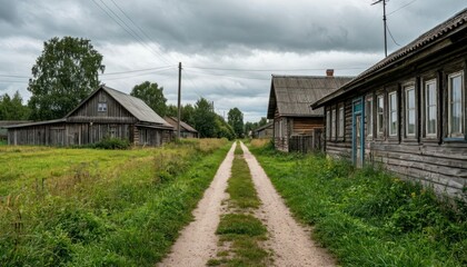 Obraz premium Overcast Outskirts – Village Path Between Grass and Wood