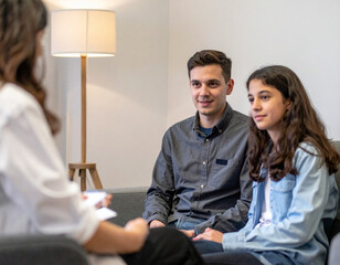 Professional family therapy photography, counseling session, soft office lighting expertly balanced, authentic family dynamics captured, therapist facilitating discussi