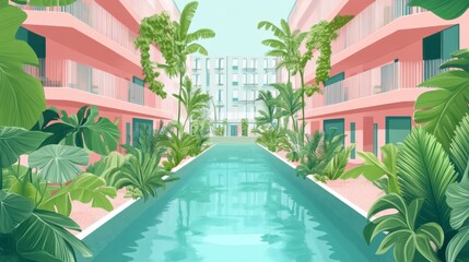 Tranquil Tropical Oasis with Lush Greenery and Modern Architecture Emphasizing Calm Vibes in a Serene Poolside Environment Surrounded by Vibrant Plant Life
