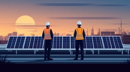 Two Workers Analyzing Solar Panel Installation at Sunset with City Skyline in Background, Representing Renewable Energy, Sustainability, and Future Development