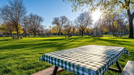 Tranquil Outdoor Setting with Sunlit Green Grass and Picnic Table Underneath Leafy Trees in a Lively Park During Sunny Daytime