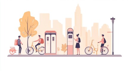 Urban Cycling Scene Featuring Diverse Individuals Using Bicycles and Public Bike Stations in a Modern City with an Inviting Skyline and Stylized Illustrations