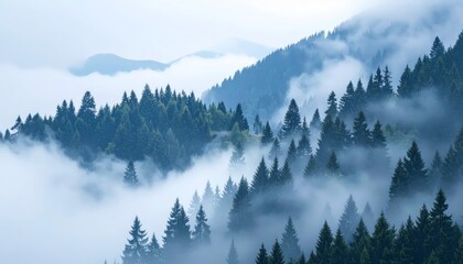 Fototapeta premium A serene view of mountains shrouded in fog, partially obscuring a dense forest of pine trees.