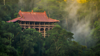 Fototapeta premium Byodo in temple nestled in lush green valley on oahu hawaii