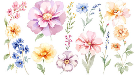 Spring flowers collage, Watercolor floral background, set of floral elements
