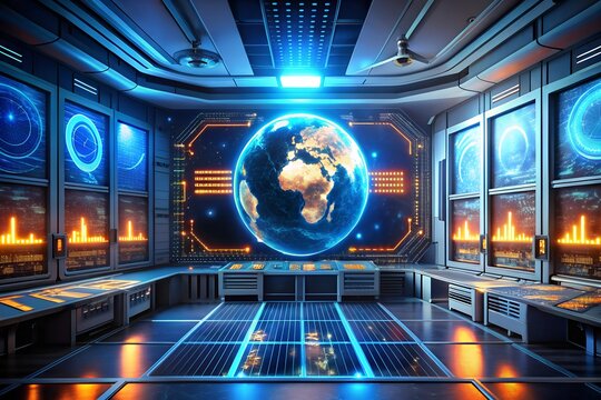 Futuristic Control Room with Holographic Earth Display and Data Screens