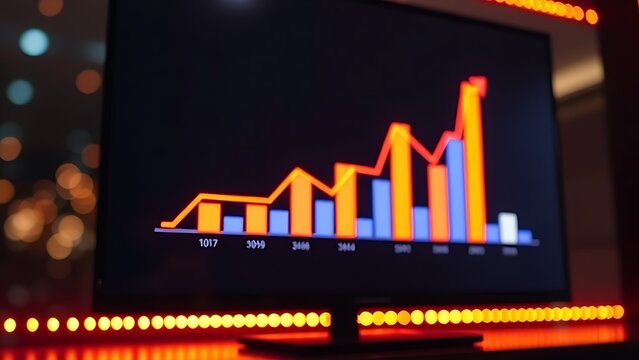 Glowing bar graph on dark screen showing rising viewership trends with bokeh lights, data analytics and business growth concept.