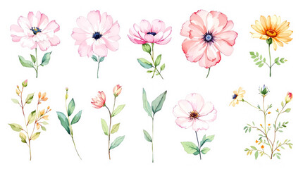 Obraz premium Spring flowers collage, Watercolor floral background, set of floral elements