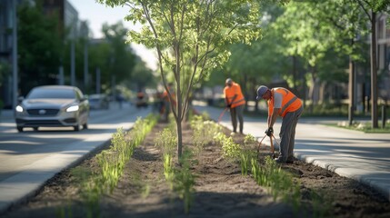Urban Landscaping Project in Progress with Workers Planting Trees and Plants Alongside a Busy Street under Bright Sunlight