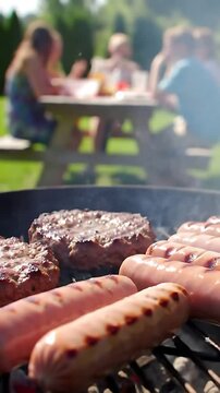 Sizzling Summer Feast: American backyard barbecue on a bright, sunny day features burgers and hot dogs grilling in delicious slow motion, capturing the essence of outdoor cooking.