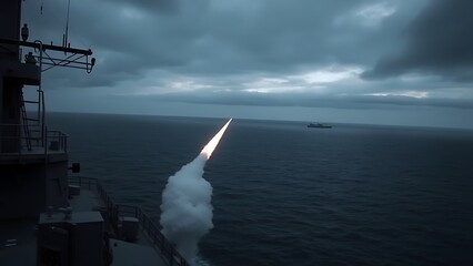 Aerial view of a missile launching from a warship towards a distant target, showcasing the power and precision of military strikes in a dark sky and ocean setting.