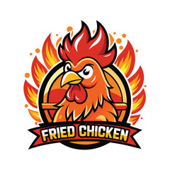 Fried Chicken Restaurant Logo Design with Rooster and Explosion Effect – Vintage Fast Food Emblem, Spicy Chicken Badge, Retro Style Vector, Hot Wings Branding Template for Grill, BBQ, or Takeaway