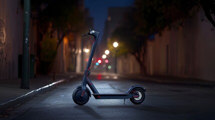 Urban Night Scene with Electric Scooter Parked on a Quiet Street, Emphasizing Modern Transportation Trends and Nighttime City Life Atmosphere