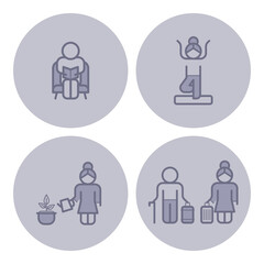 Collection of various icons representing activities for elderly individuals, such as reading, exercising, gardening, and social interaction, highlighting their daily routines