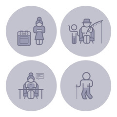 Four icons of common activities for elderly people, including cooking, fishing, working on tablet, and walking, capturing their diverse daily experiences and interests
