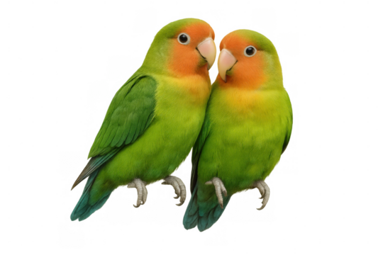 Pair of colorful rosy-faced lovebirds cuddling, isolated on transparent background, perfect for creative projects