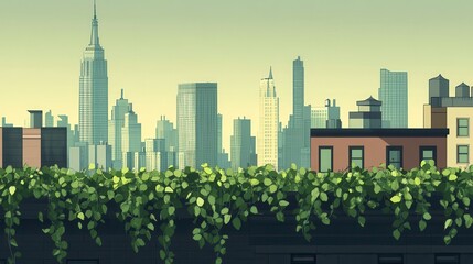 Urban Rooftop View with Lush Greenery Against a Modern City Skyline Featuring Iconic Buildings and Skyscrapers in Soft Tones of Green and Blue
