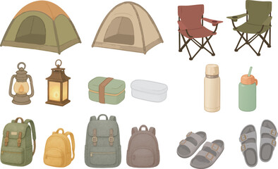 Mountain Camping and Outdoor Gear Set – Hand-Drawn Natural Style Camping Equipment Illustrations
