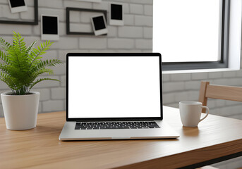 Fototapeta premium A laptop with a blank screen sits on a wooden desk next to a potted plant and a coffee cup, in a bright, minimal workspace.