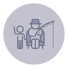 Elderly person sitting on chair, fishing with rod. Child standing beside them, waving. Joy of outdoor activities and family bonding concept