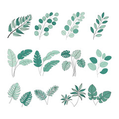 Naklejka premium Green Stitched Botanical Leaf Set