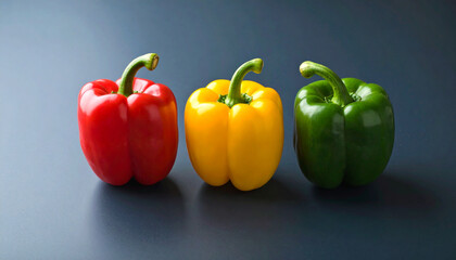 Three bell pepper in red yellow and green colors arranged in row on dark surface with vibrant color contrast and clean space for text or design