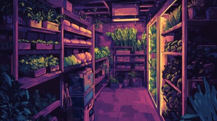 Vibrant and Serene Indoor Garden with Shelves of Fresh Vegetables and Lush Greenery in a Cozy, Dimly Lit Space