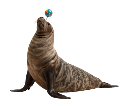 A Captivating Image of a Circus Seal Balancing a Ball on its Nose, Showcasing Skill and Playfulness in Isolation