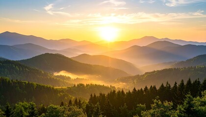 Fototapeta premium Golden sunrise illuminates a tranquil mountain range, creating a majestic layered landscape view.