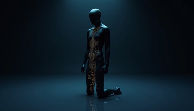 Technological Incarnation & AI Being: Abstract representation of a body integrated with luminous circuitry, symbolizing artificial intelligence, future tech, and digital life.