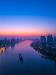 Aerial view of Shanghai skyline in downtown at sunrise.