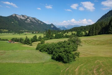 Lush green landscape in the F&uuml;ssen region of Germany showcases majestic mountains under a clear blue sky