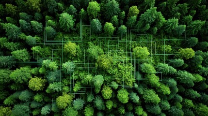 Economics meets sustainability in times of disruption. Aerial view of a dense green forest with digital lines overlaying, symbolizing technology integration with nature and environmental data mapping.