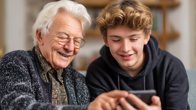 Elderly person being taught how to use a smartphone by a teenager at home, generational learning, warm expression, digital adaptation, ultra-realistic, clean indoor background, no text, no logo 