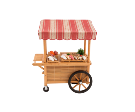 Artistic Lucid Realism, A Detailed Miniature Sushi Cart with a Fresh Fish Display on an Elegant Bamboo Mat