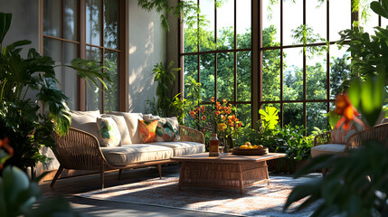 Garden patio decorated with Scandinavian wicker sofa