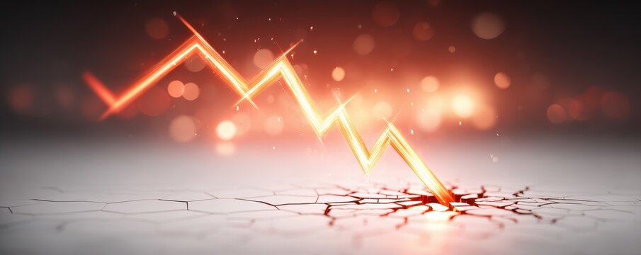 Economics meets sustainability in times of disruption. A glowing, jagged downward arrow breaks through a cracked surface, symbolizing sharp decline or financial loss with a dramatic, fiery effect.