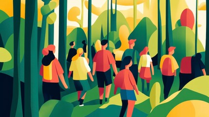 Vibrant Illustration of Diverse Group of Individuals Walking Through Lush Green Forest Landscape Surrounded by Abstract Trees and Bright Colors