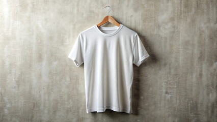 Blank white cotton t-shirt hanging on wooden hanger against textured wall