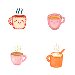 Obraz premium Cute illustrated mugs with smiling faces and steaming drinks for National Coffee Day 