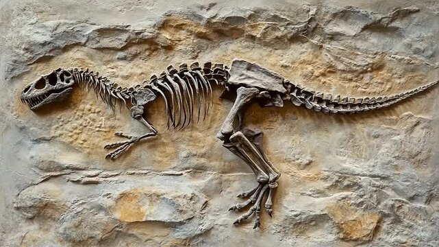 Detailed view of a dinosaur fossil displayed on a stone wall in a museum, showcasing ancient life