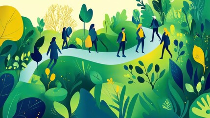 Vibrant Outdoor Scene with People Walking Along a Path Surrounded by Lush Greenery and Colorful Flora, Perfect for Nature and Wellness Themes