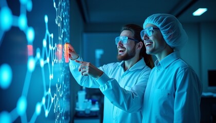 Scientists Examining Chemical Structures on Digital Screen: Researchers in lab coats and safety goggles analyzing glowing molecular models, ideal for biotechnology and drug discovery.