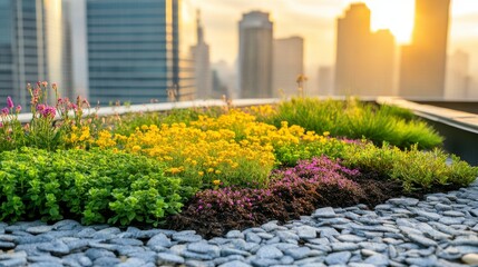 Vibrant Rooftop Garden with Colorful Flowers and Lush Greenery Against a City Skyline During Sunset: A Modern Urban Oasis