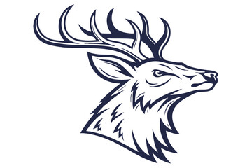 Detailed deer head with large antlers faces right in clean line art