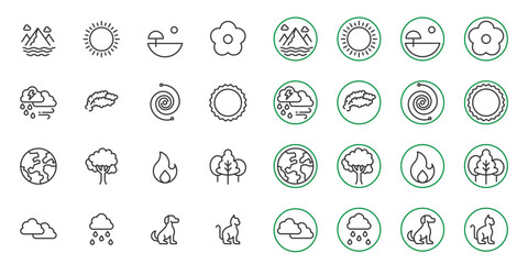 Nature icon line set. editable stroke. vector illustration ,nature, summer, sky, flowers, dog, cat, wate, clouds
