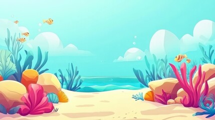 Vibrant Underwater Scene with Colorful Coral, Bright Fish, and Sunlit Surface Illuminating the Serene Ocean Floor in a Tropical Paradise