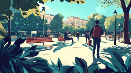 Vibrant Urban Park Scene with People Walking, Sitting on Benches, and Enjoying a Sunny Day Surrounded by Trees and Greenery in a Lively City Atmosphere
