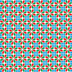 A vibrant, rhythmic floral pattern of red and green petals arranged over a structured blue grid, radiating energy and playful balance.