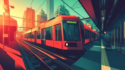 Vibrant Urban Scene with Modern Red Train at Station Against a Backdrop of Skyscrapers and Sunshine in a Dynamic City Environment